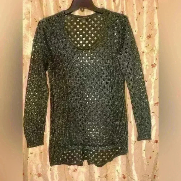 Rock & Republic Black Metallic Open-Knit Sweater L Shimmer Cutout Long Sleeve - Picture 4 of 6